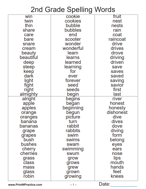 2nd Grade Spelling Word Lists