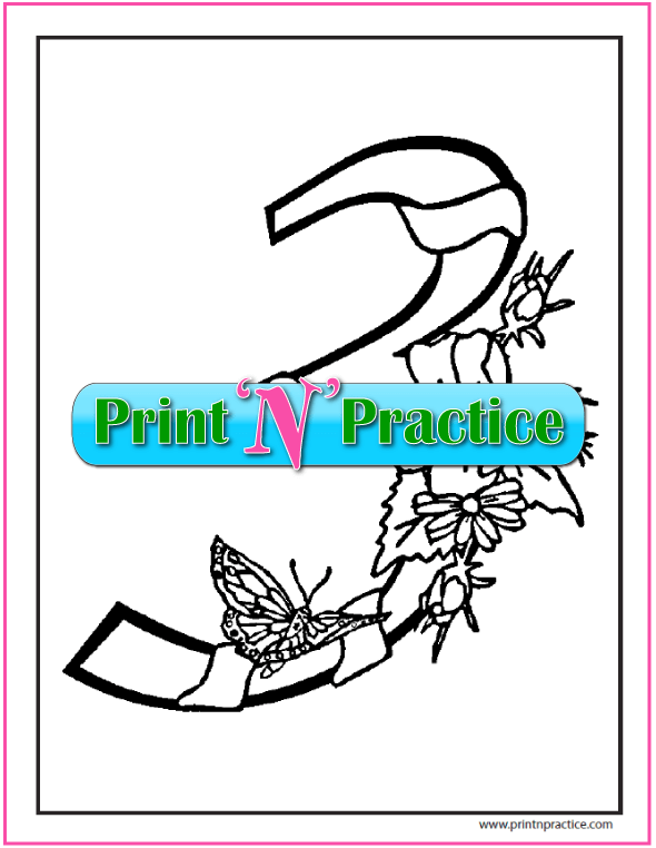 Number 3 Coloring Page: Flowers, ribbon, and butterfly