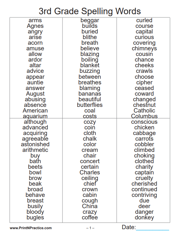 Third Grade Spelling Words