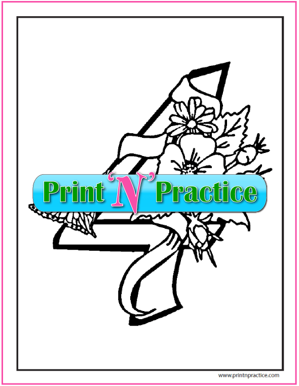 Number 4 Coloring Page: butterfly, flowers, and ribbon.