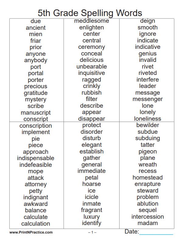 Printable Fifth Grade Spelling Words List, 9 Pages