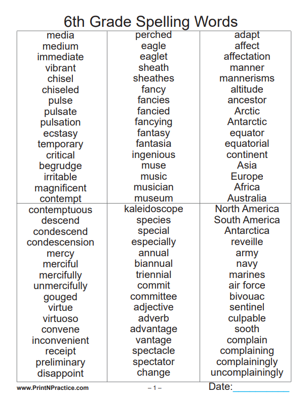8 Pages Of Printable Sixth Grade Spelling Word Lists