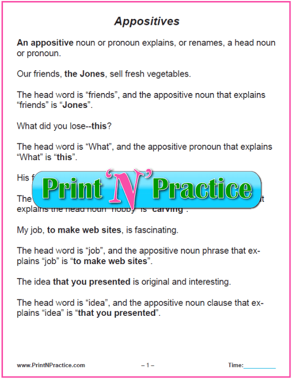 Appositive And Reflexive Pronouns Worksheets