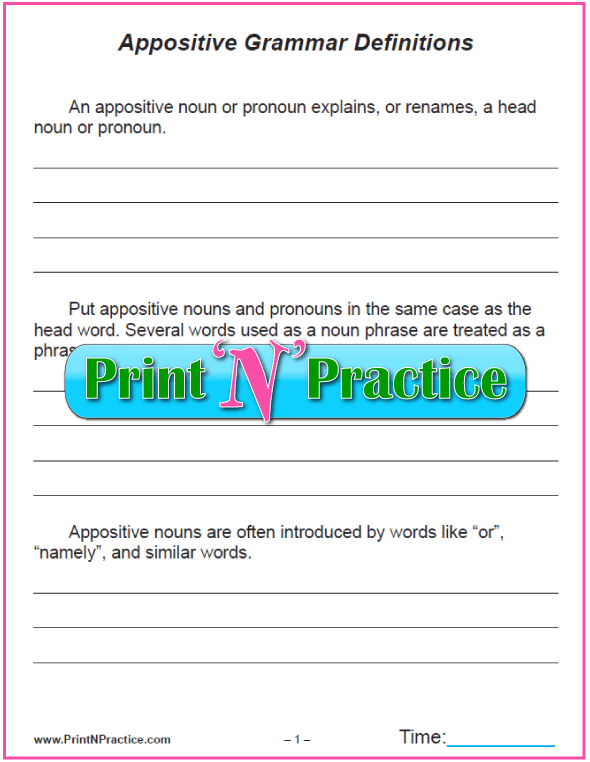 Appositive Noun Worksheet