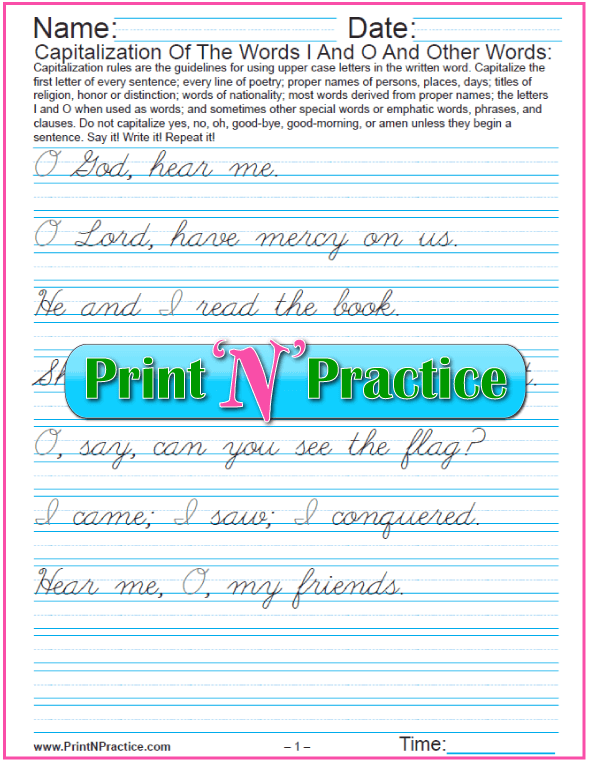 Cursive Capitalization Printables: Words I and O