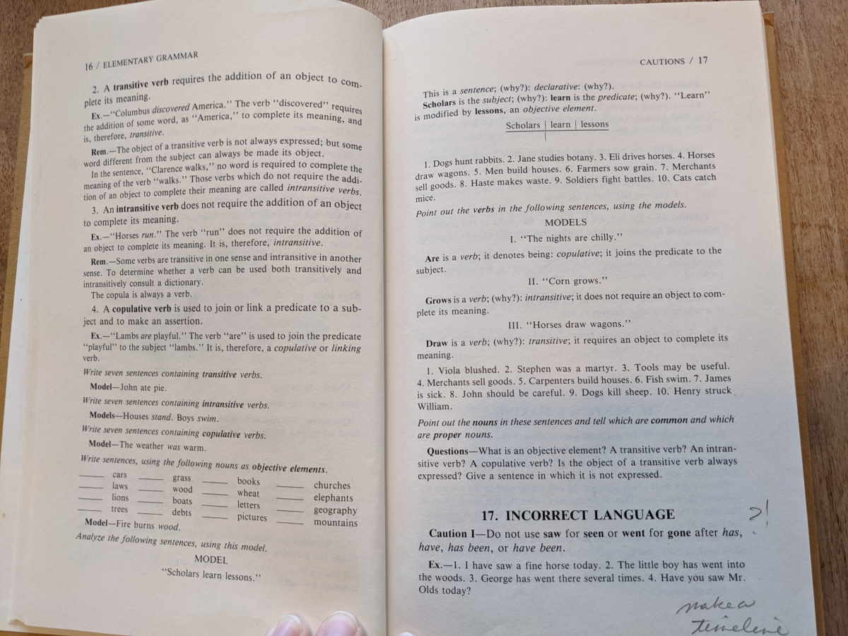 Easy first grammar book for children open to sentence diagramming.