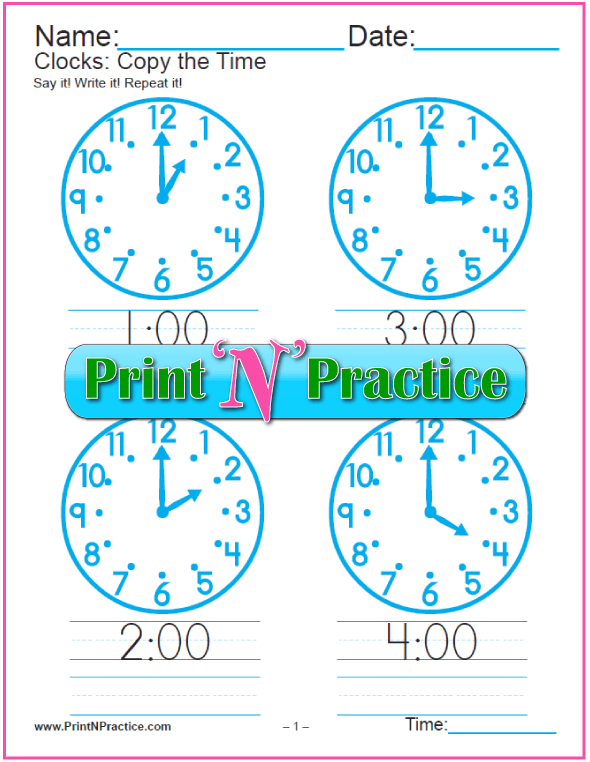 Clock Worksheets: Three Pages Copy Work