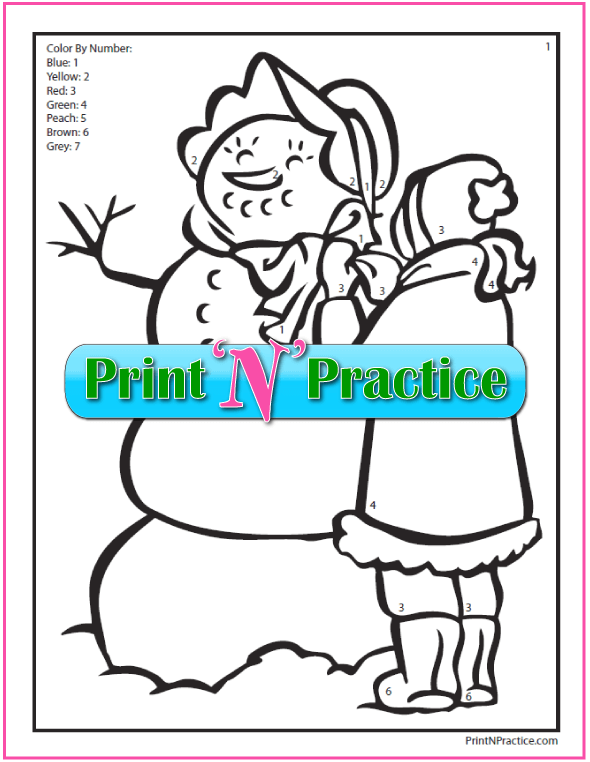 Color By Number Math Printable – girl making snowman.