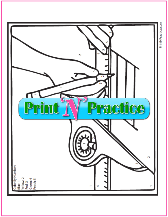 Color By Number Coloring Page: Young Engineer, Pencil, Ruler, and paper.