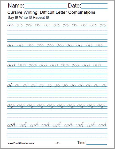 Cursive Practice: 1 Page Worksheet oa, ou, ow, oi, oy, wh.