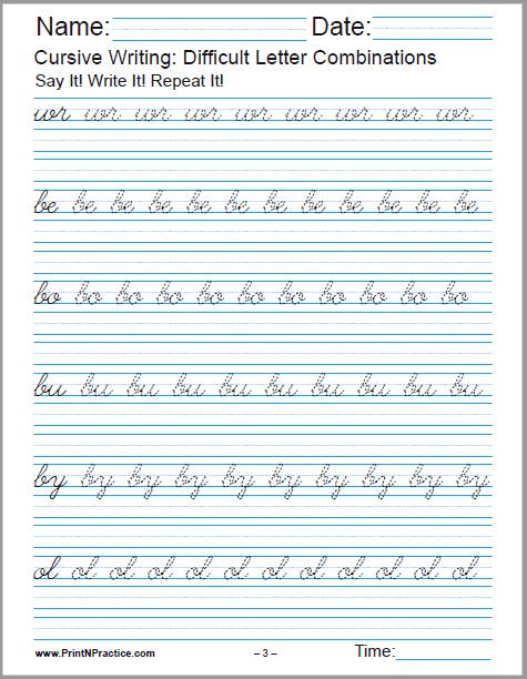 Cursive Printable For wr, be, bo, bu, by, ol.