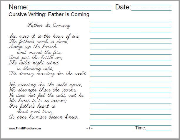 Cursive Handwriting Practice Worksheets: Father Is Coming, by Mary Howitt - 4 pages