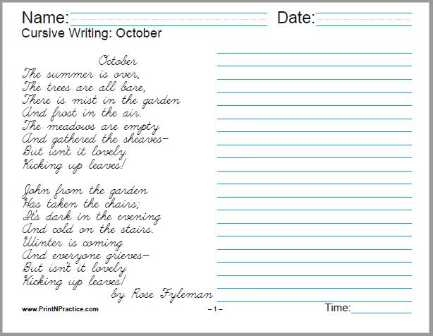 Cursive Writing Worksheet: October, by Rose Fyleman - 1 page.