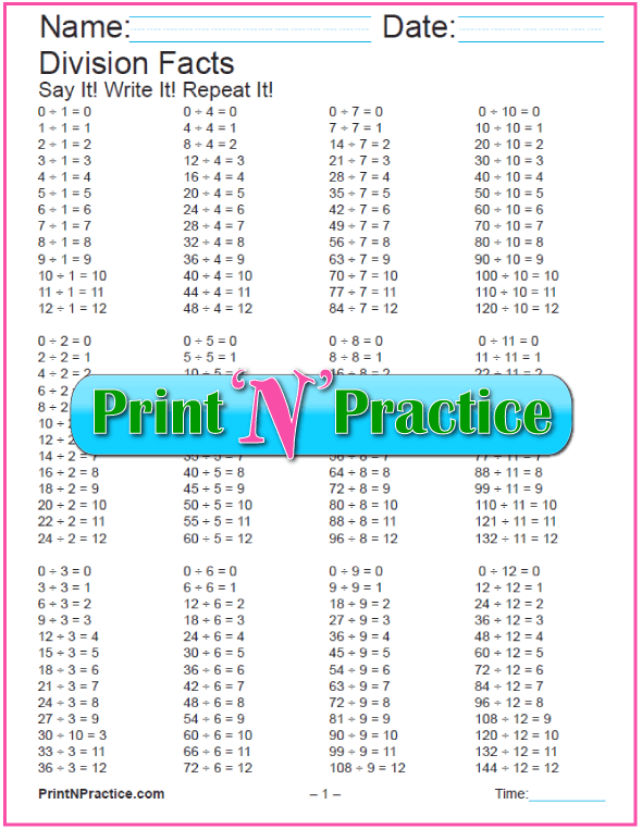 Division Facts 0 12 Chart