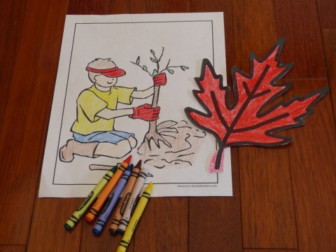 Fun coloring pages to print: planting a tree and cut and color leaf with crayons.