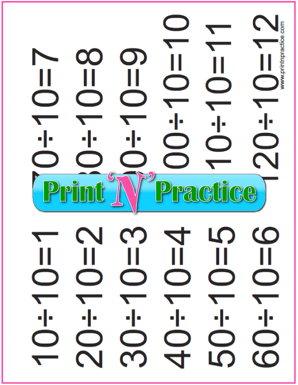 Division Table To Print - Divide by ten.