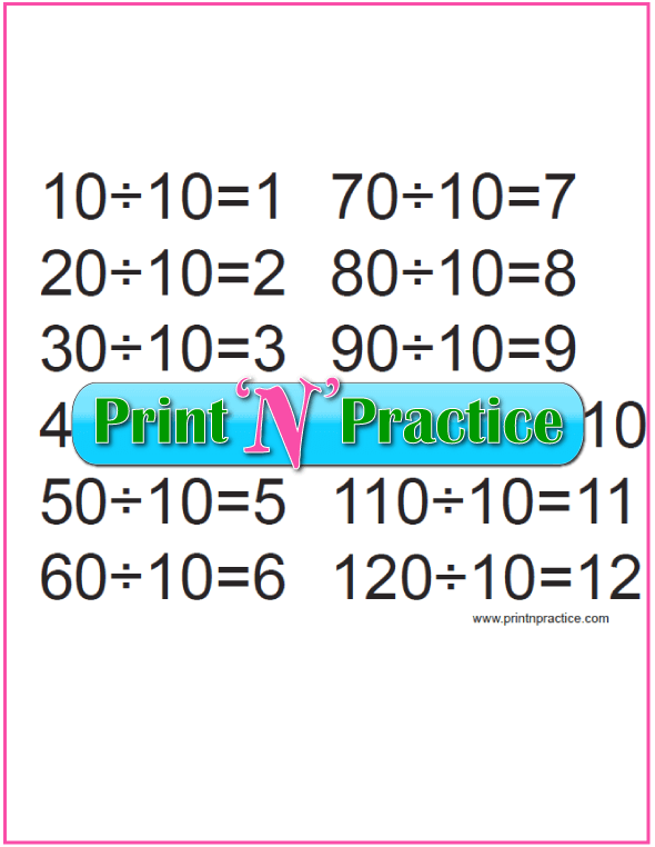 Large Division Chart - Divide by 10.