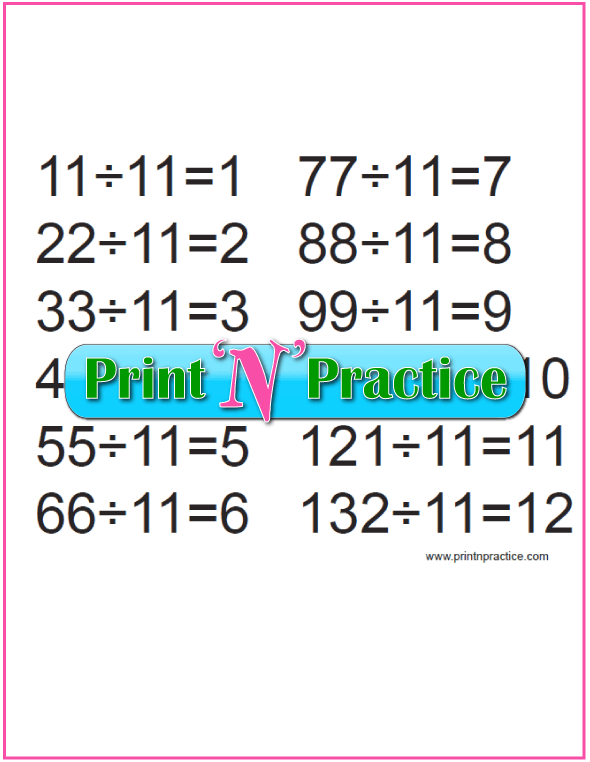Large Division Chart - Divide by 11.