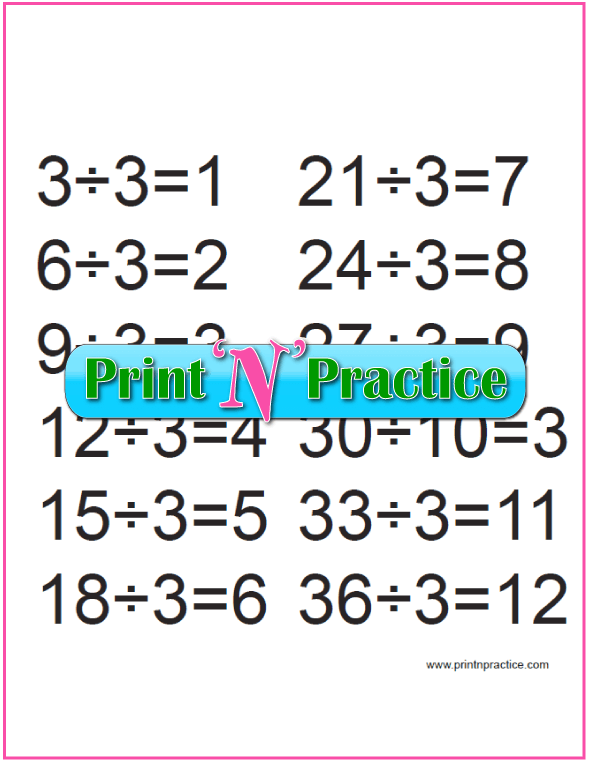 Large Division Chart - Divide by 3.