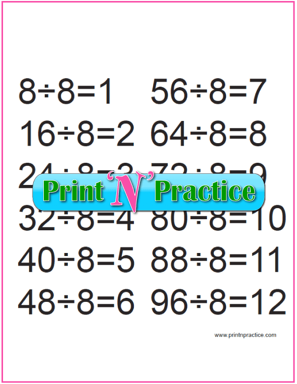 Large Division Chart - Divide by 8.