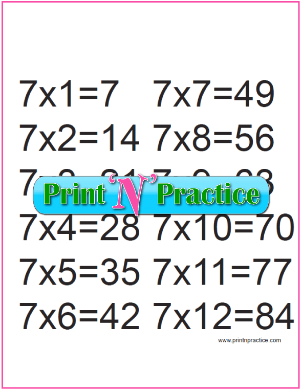 Printable Multiplication Table 7x