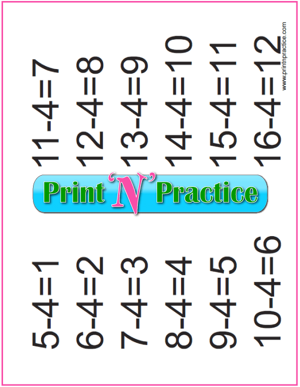 Subtraction Practice Chart: Fours table.