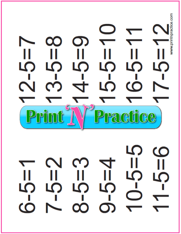 Printable Subtraction Practice Chart: Fives table.