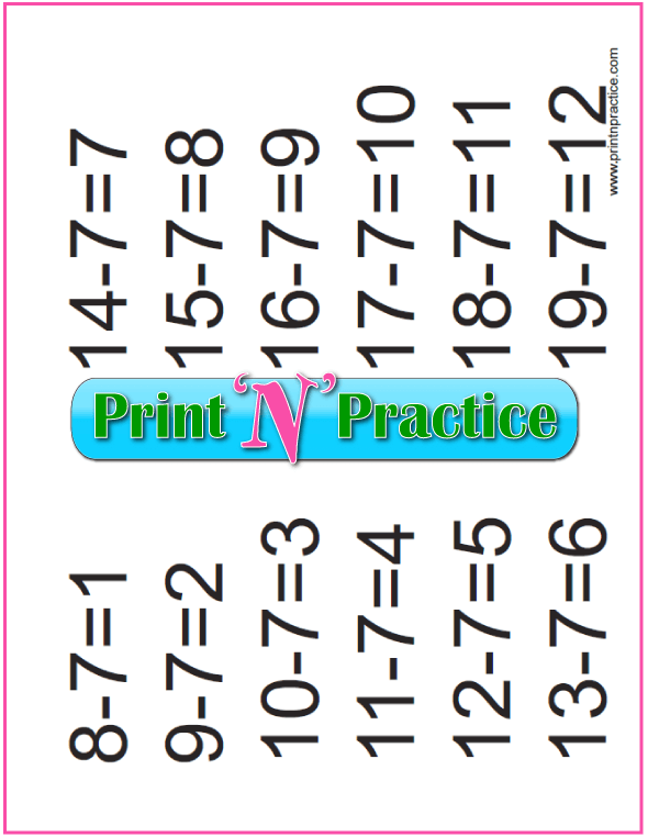 Subtraction Exercises: Sevens table.