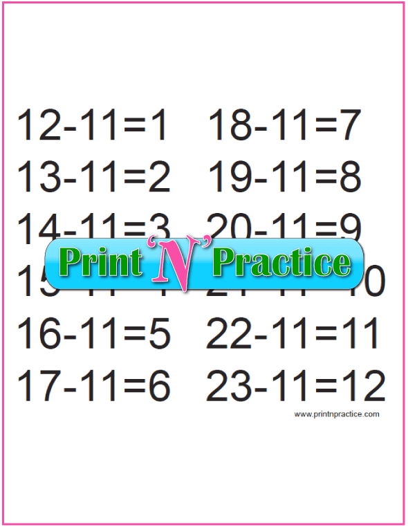 Kindergarten Subtraction Exercises for the Elevens