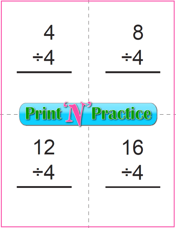 Six Page Division Flash Cards - Prints to double side, one with answers, one without. Divide by four.