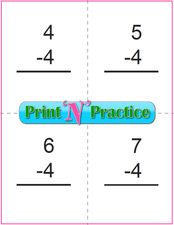 Use Kindergarten Subtraction Worksheets with Subtraction Flash Cards: Fours table.