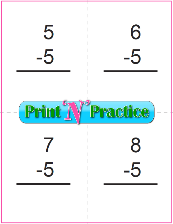 Use Kindergarten Subtraction Worksheets with Subtraction Flash Cards: Fives table.