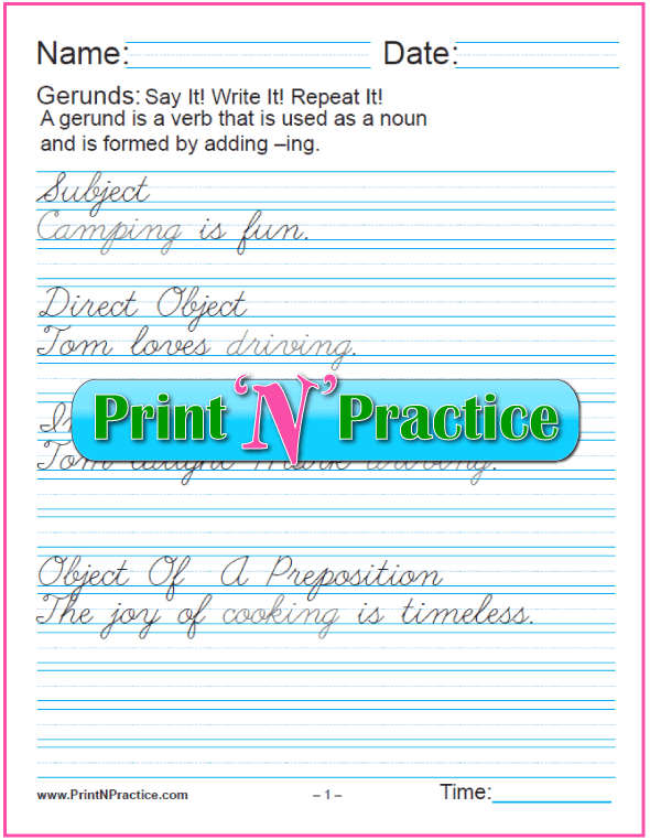 Cursive Printable Gerund Worksheets: Gerunds as Subject, Objects, Complements for teaching the gerund and infinitive. PrintNPractice.com #PrintableGerundWorksheets