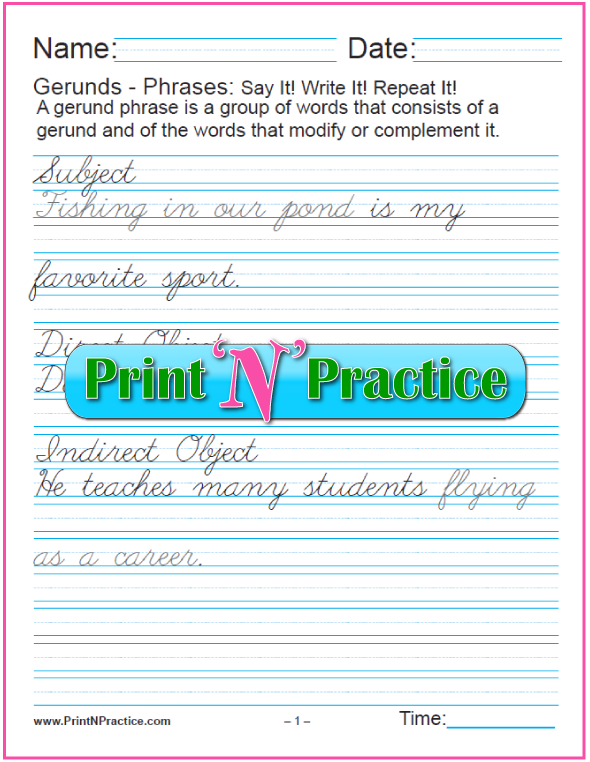 Cursive Gerund Phrases worksheets for teaching the gerund and infinitive. PrintNPractice.com #PrintableGerundWorksheets