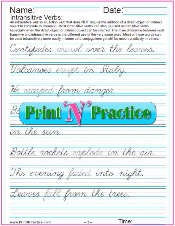 Cursive Intransitive Verb Worksheets: Long Sentences
