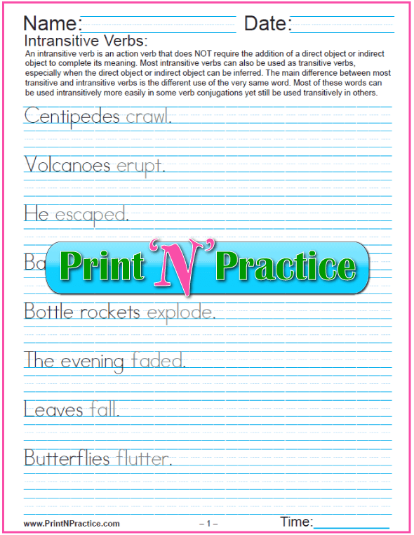 Intransitive Types of Verbs Worksheets: Manuscript
