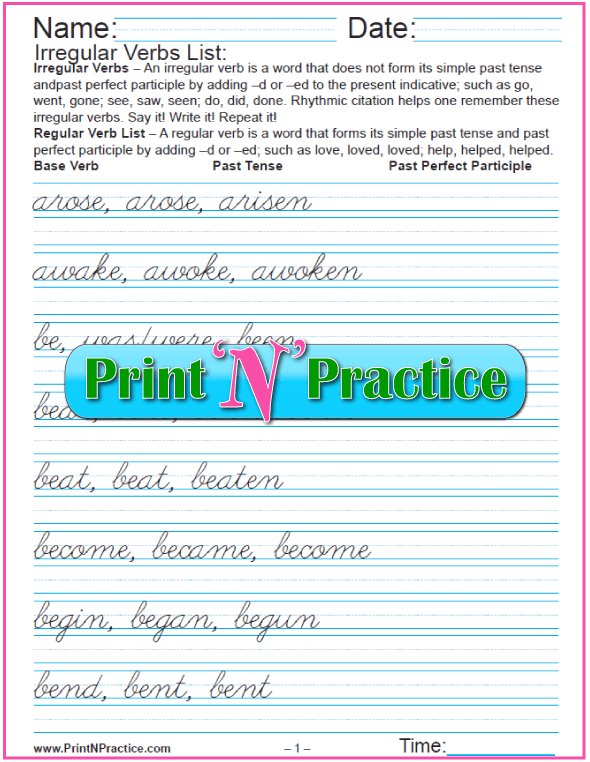 Printable Verb Worksheets: Cursive Irregular Verbs List
