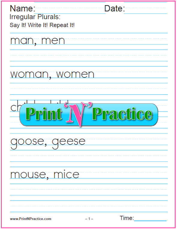 Printable Irregular Noun Worksheets - Large Rule