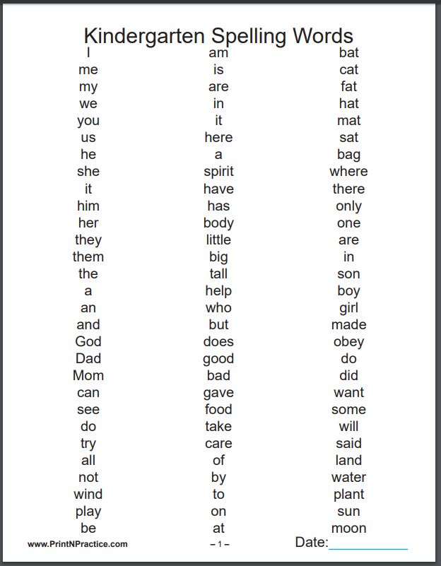 Printable Spelling Worksheets: Kindergarten Spelling Words Reference