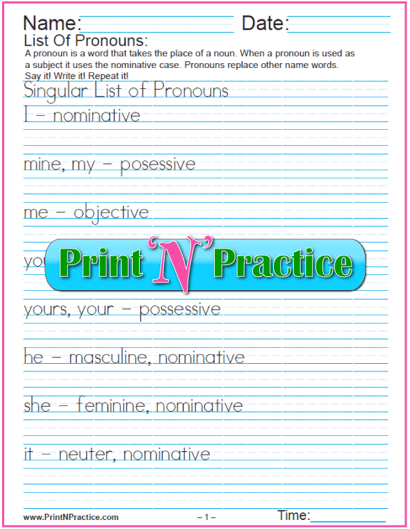 Nominative Objective And Possessive Pronouns Chart