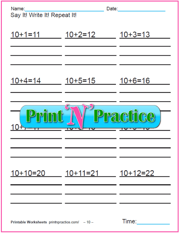 Addition worksheets for kindergarten: Adding Ten.