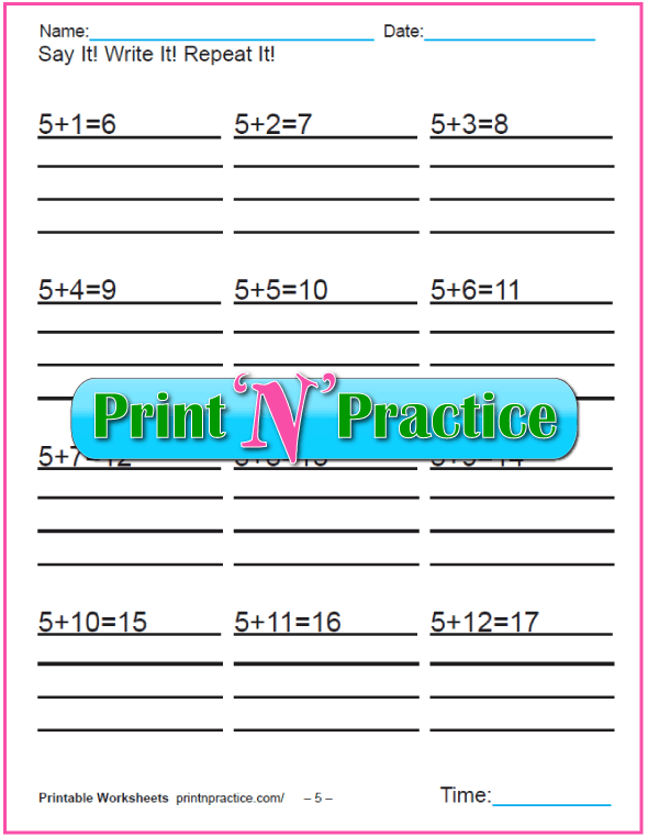 Addition worksheets for kindergarten: Adding Five.
