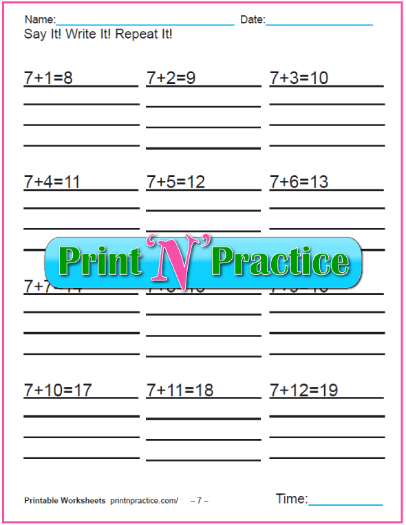 Addition worksheets for kindergarten: Adding Seven.