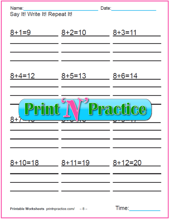 Addition worksheets for kindergarten: Adding Eight.