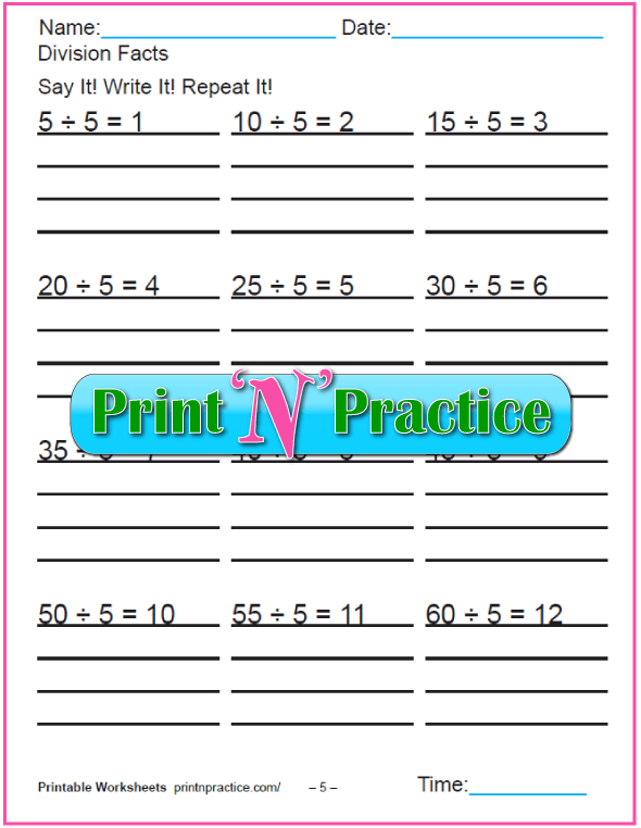 Fives Printable Division Worksheet - Copy three times.