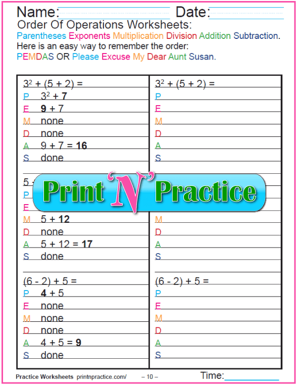 Multiplication Order Of Operations Worksheets