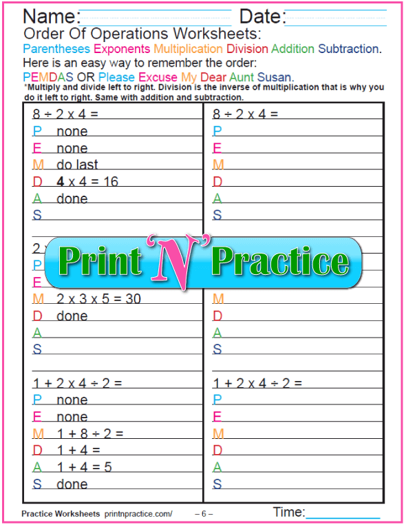 Order Of Operations Worksheets For Kids