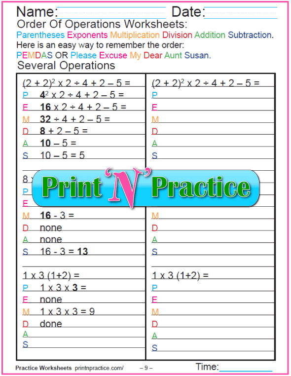 order of operations worksheets for kids