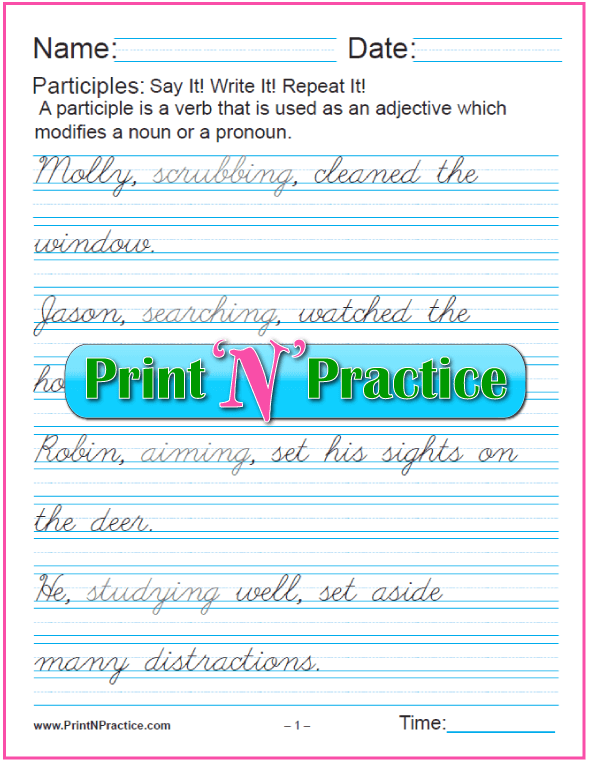 Cursive Manuscript Participle Worksheets With Answers:  worksheets for teaching the participle. PrintNPractice.com #PrintableParticipleWorksheets