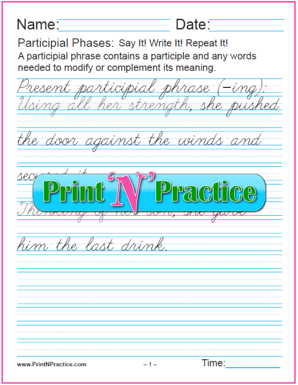 Cursive Printable Participle Worksheets for teaching the participle. PrintNPractice.com #PrintableParticipleWorksheets